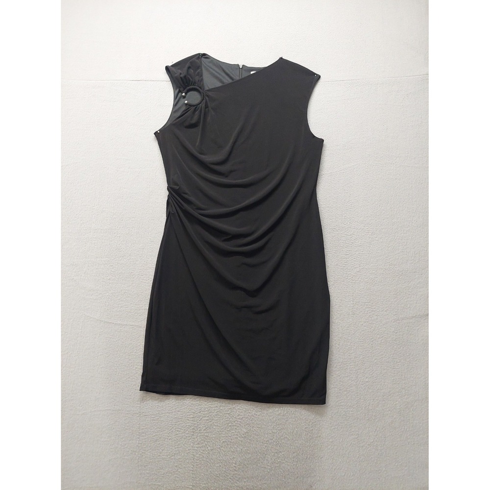 Calvin Klein Women Sheath Dress L Black Ruched Knee Length Sleeveless Workwear